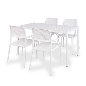 Zestaw ogrodowy stół Cube 140x80 cm i 4 krzesła z podłokietnikami Bora Nardi z certyfikowanego tworzywa biały