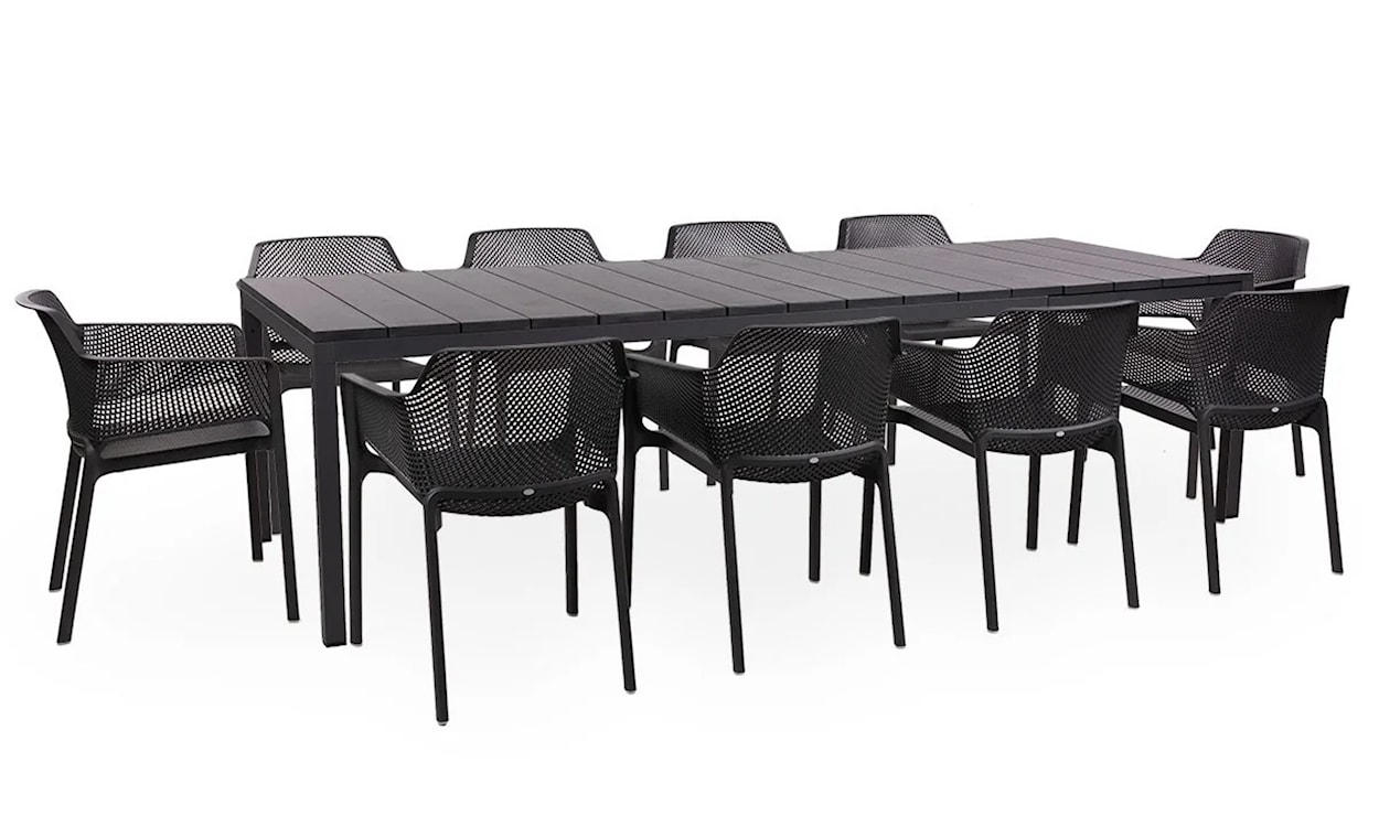 Zestaw ogrodowy rozkładany stół Rio 210-280x100 cm i 10 krzeseł Net Nardi z certyfikowanego tworzywa antracytowy