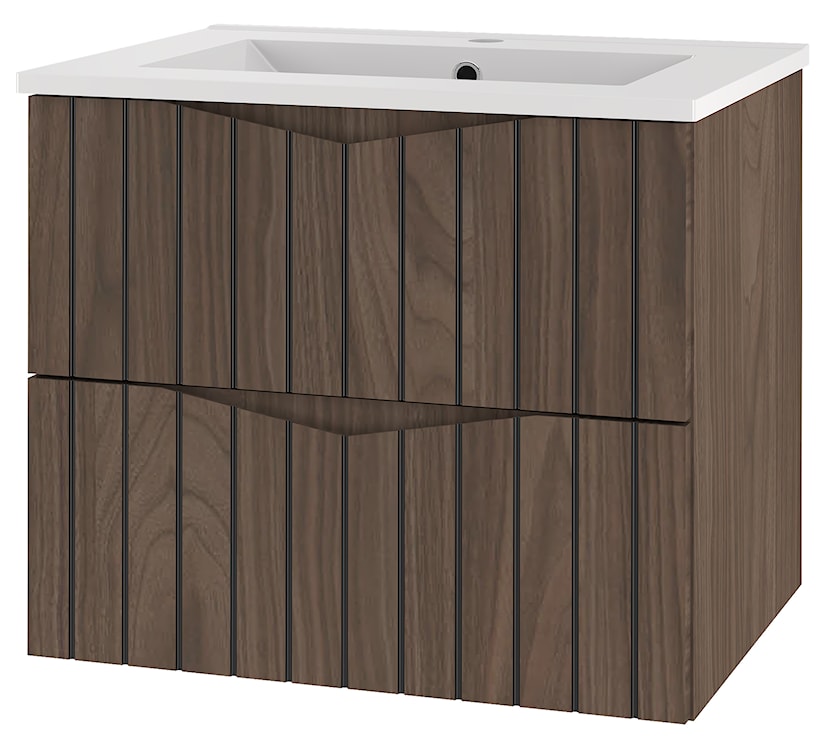 Szafka łazienkowa z umywalką Stella 60 cm ryflowane fronty orzech / czarny mat 