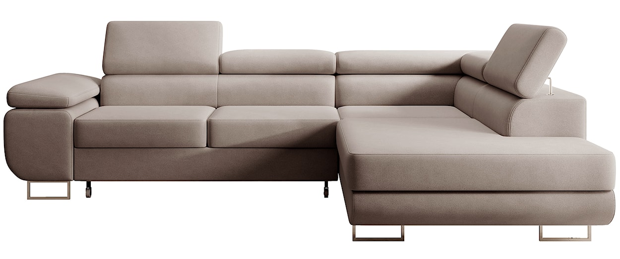 Narożnik z funkcją spania Stevil L-kształtny z pojemnikiem beżowy welur łatwoczyszczący prawostronny