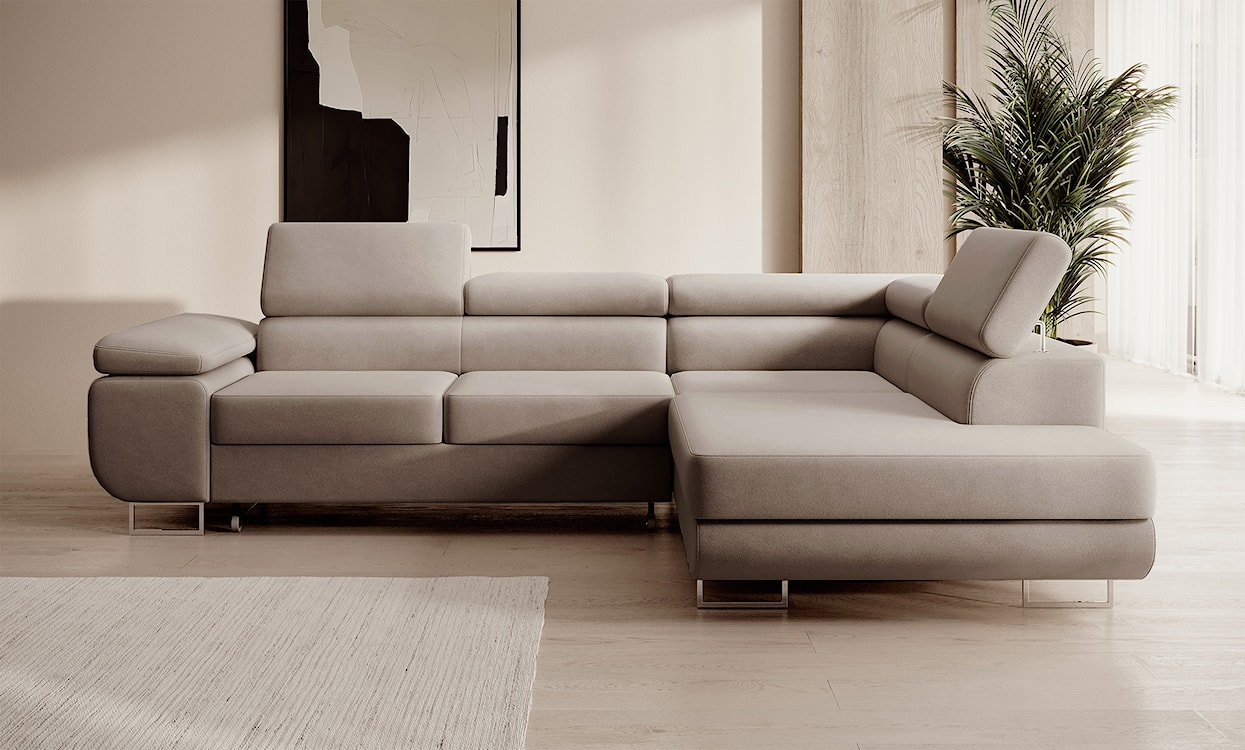 Narożnik z funkcją spania Stevil L-kształtny z pojemnikiem beżowy welur łatwoczyszczący prawostronny  - zdjęcie 5