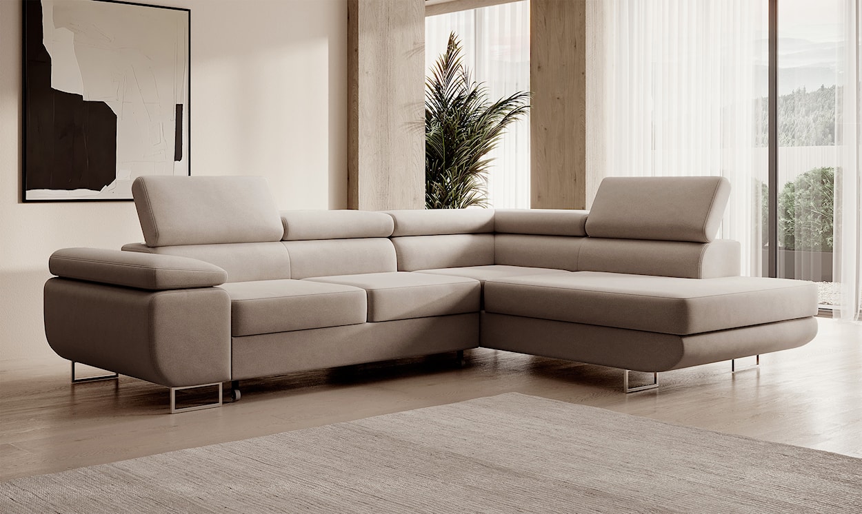 Narożnik z funkcją spania Stevil L-kształtny z pojemnikiem beżowy welur łatwoczyszczący prawostronny  - zdjęcie 2