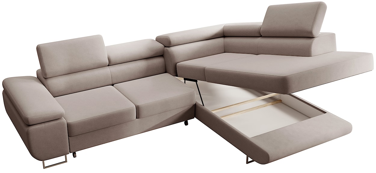 Narożnik z funkcją spania Stevil L-kształtny z pojemnikiem beżowy welur łatwoczyszczący prawostronny  - zdjęcie 9