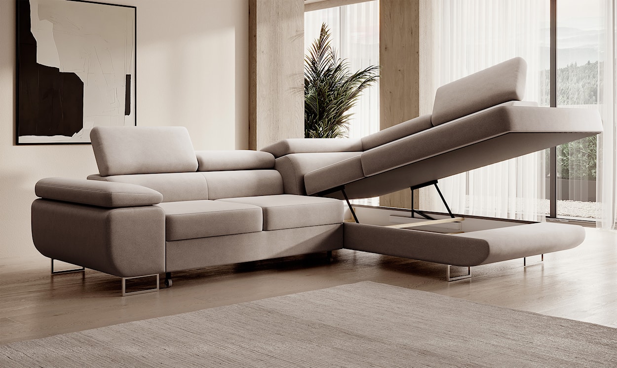 Narożnik z funkcją spania Stevil L-kształtny z pojemnikiem beżowy welur łatwoczyszczący prawostronny  - zdjęcie 4