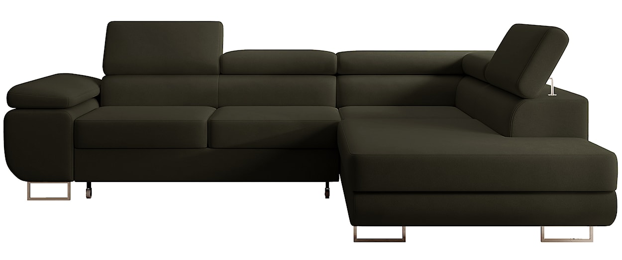 Narożnik z funkcją spania Stevil L-kształtny z pojemnikiem oliwkowy welur łatwoczyszczący prawostronny 