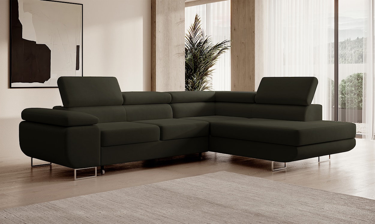 Narożnik z funkcją spania Stevil L-kształtny z pojemnikiem oliwkowy welur łatwoczyszczący prawostronny  - zdjęcie 2