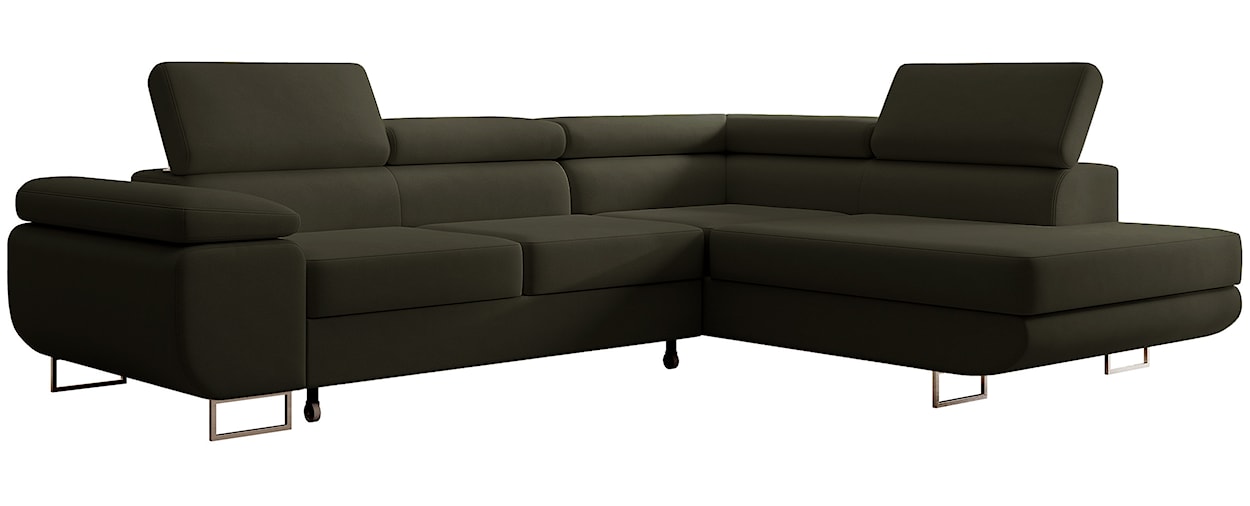 Narożnik z funkcją spania Stevil L-kształtny z pojemnikiem oliwkowy welur łatwoczyszczący prawostronny  - zdjęcie 7