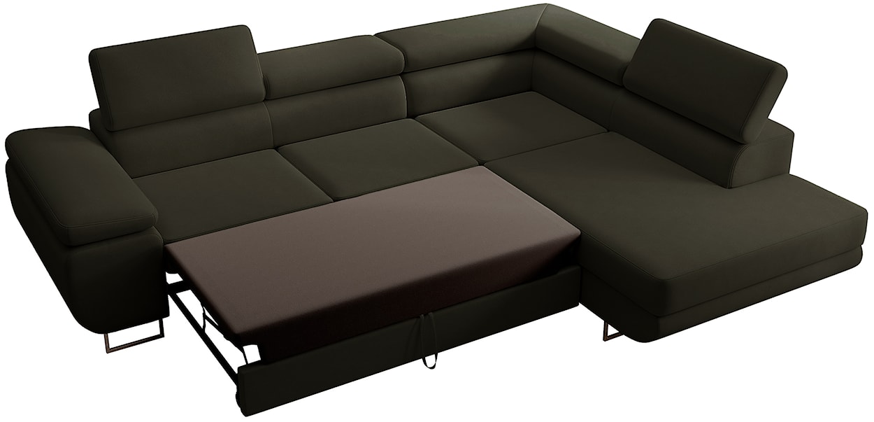 Narożnik z funkcją spania Stevil L-kształtny z pojemnikiem oliwkowy welur łatwoczyszczący prawostronny  - zdjęcie 3