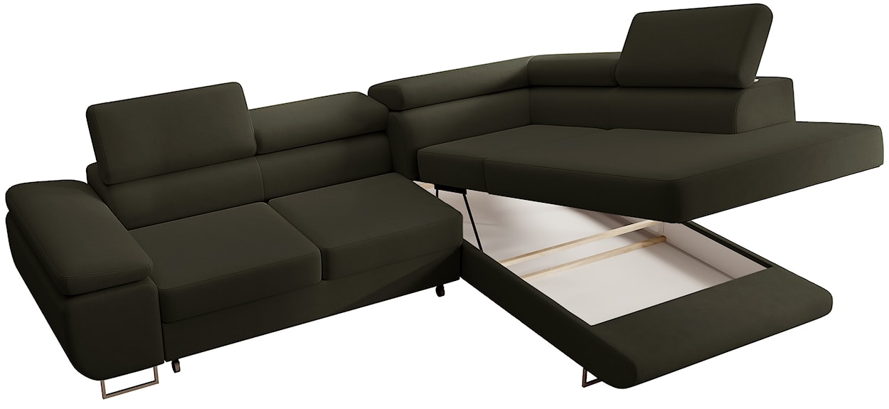 Narożnik z funkcją spania Stevil L-kształtny z pojemnikiem oliwkowy welur łatwoczyszczący prawostronny  - zdjęcie 9