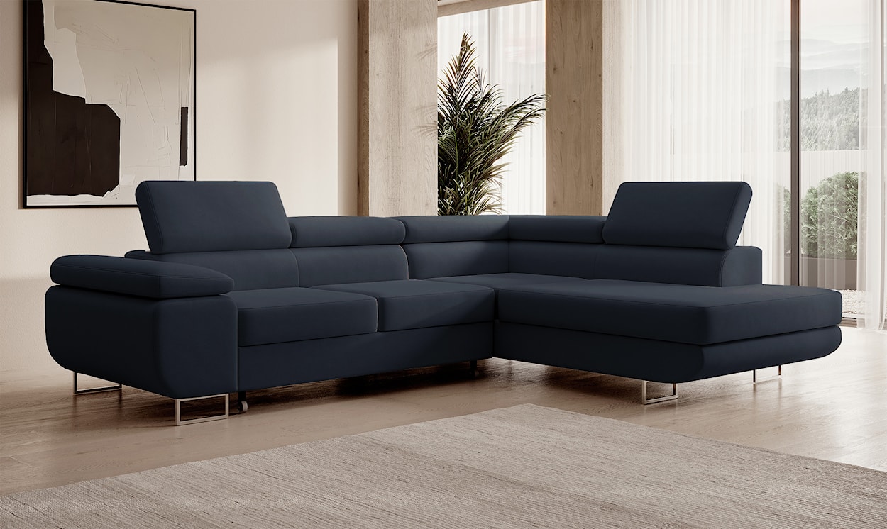 Narożnik z funkcją spania Stevil L-kształtny z pojemnikiem granatowy welur łatwoczyszczący prawostronny  - zdjęcie 2