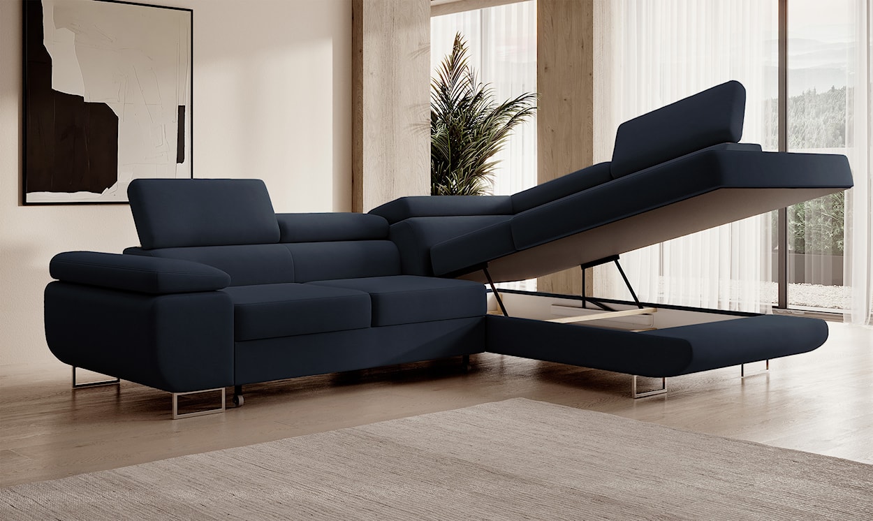 Narożnik z funkcją spania Stevil L-kształtny z pojemnikiem granatowy welur łatwoczyszczący prawostronny  - zdjęcie 4