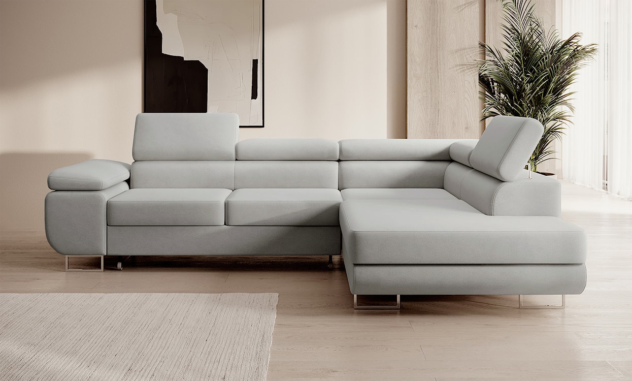 Narożnik z funkcją spania Stevil L-kształtny z pojemnikiem szary welur łatwoczyszczący prawostronny  - zdjęcie 5