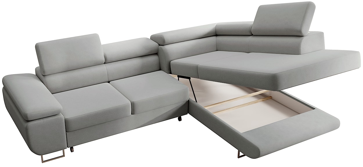 Narożnik z funkcją spania Stevil L-kształtny z pojemnikiem szary welur łatwoczyszczący prawostronny  - zdjęcie 9