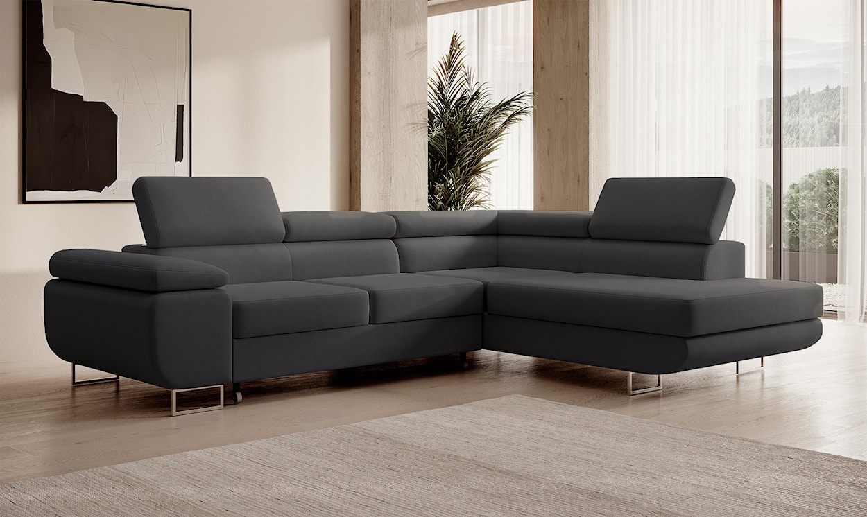 Narożnik z funkcją spania Stevil L-kształtny z pojemnikiem ciemnoszary welur łatwoczyszczący prawostronny  - zdjęcie 2