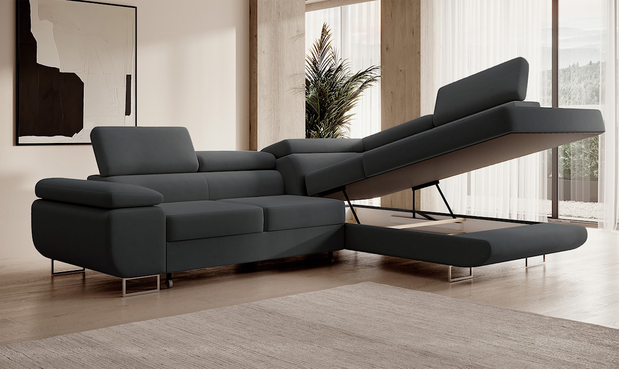 Narożnik z funkcją spania Stevil L-kształtny z pojemnikiem ciemnoszary welur łatwoczyszczący prawostronny  - zdjęcie 4