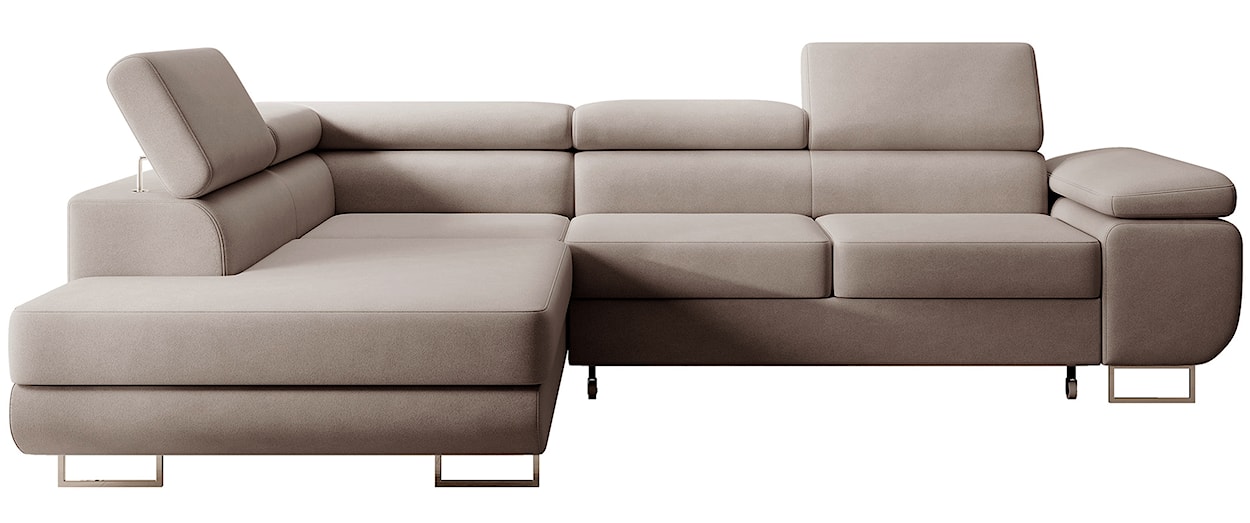 Narożnik z funkcją spania Stevil L-kształtny z pojemnikiem beżowy welur łatwoczyszczący lewostronny