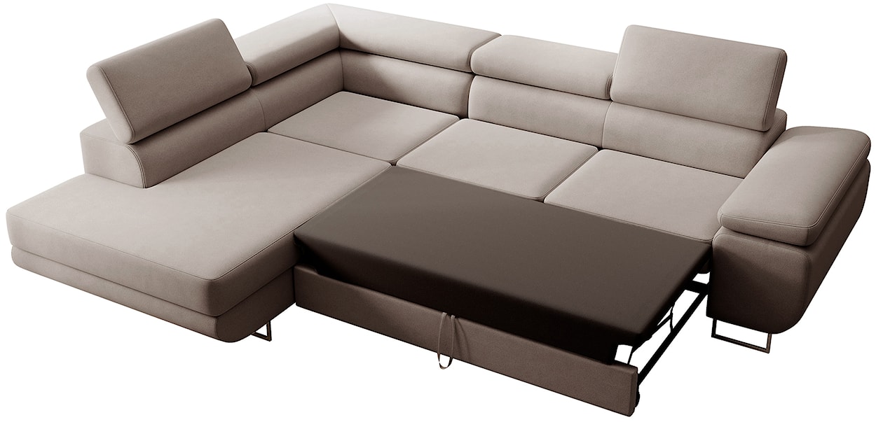 Narożnik z funkcją spania Stevil L-kształtny z pojemnikiem beżowy welur łatwoczyszczący lewostronny  - zdjęcie 3