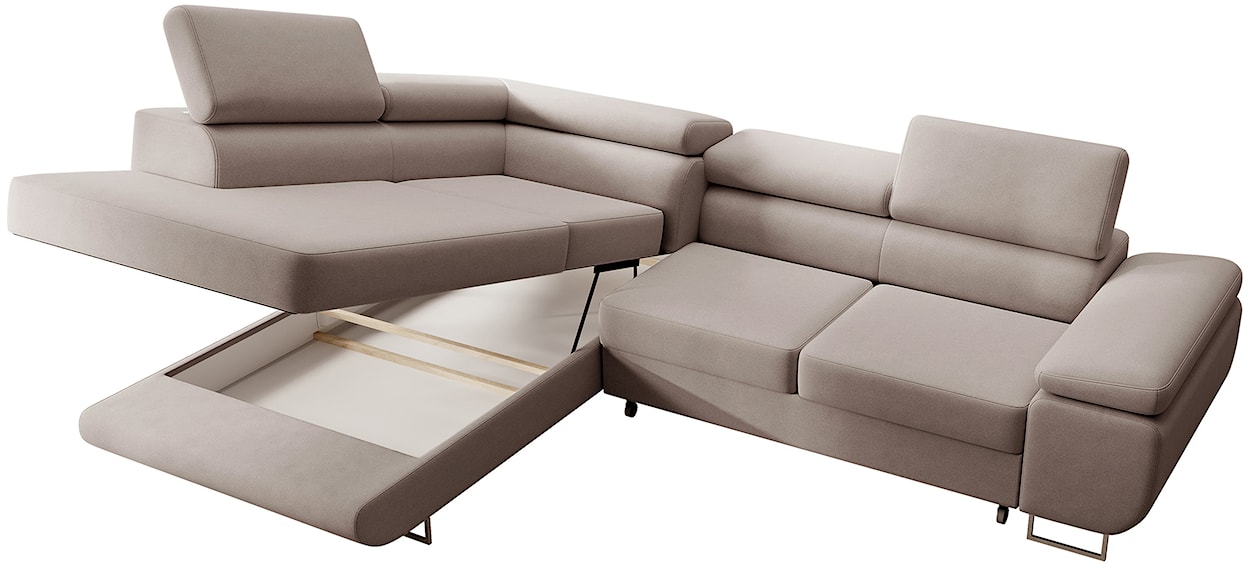 Narożnik z funkcją spania Stevil L-kształtny z pojemnikiem beżowy welur łatwoczyszczący lewostronny  - zdjęcie 9