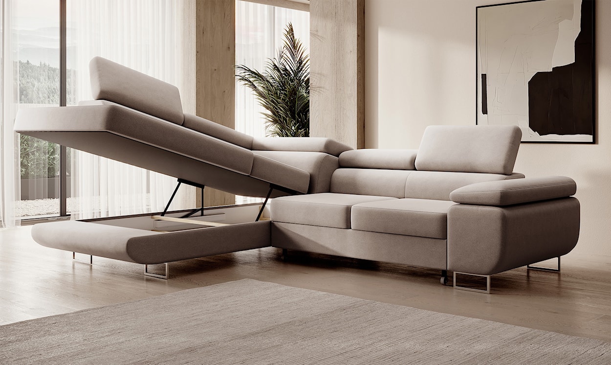 Narożnik z funkcją spania Stevil L-kształtny z pojemnikiem beżowy welur łatwoczyszczący lewostronny  - zdjęcie 4