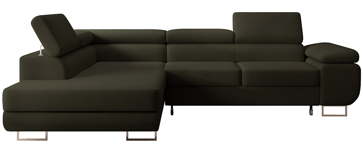 Narożnik z funkcją spania Stevil L-kształtny z pojemnikiem oliwkowy welur łatwoczyszczący lewostronny