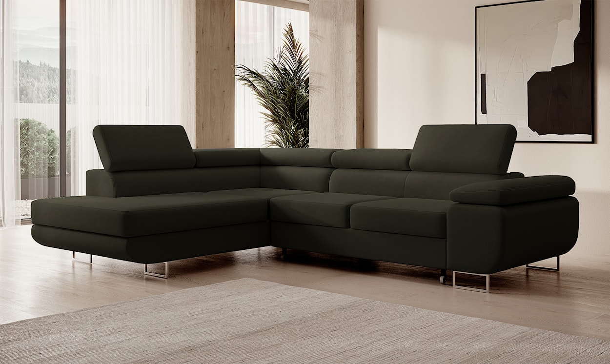 Narożnik z funkcją spania Stevil L-kształtny z pojemnikiem oliwkowy welur łatwoczyszczący lewostronny  - zdjęcie 2