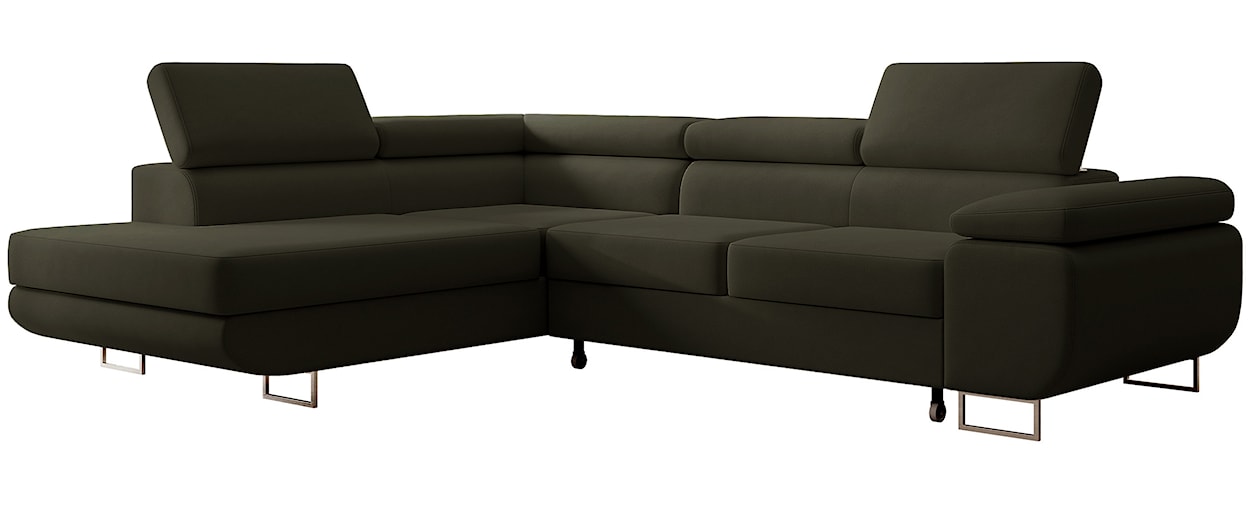 Narożnik z funkcją spania Stevil L-kształtny z pojemnikiem oliwkowy welur łatwoczyszczący lewostronny  - zdjęcie 7