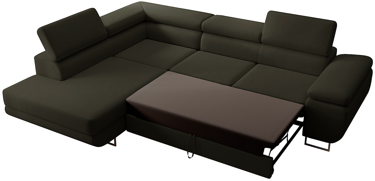 Narożnik z funkcją spania Stevil L-kształtny z pojemnikiem oliwkowy welur łatwoczyszczący lewostronny  - zdjęcie 3