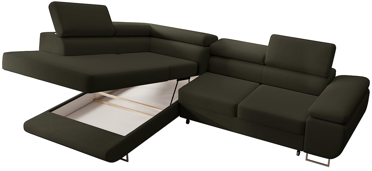 Narożnik z funkcją spania Stevil L-kształtny z pojemnikiem oliwkowy welur łatwoczyszczący lewostronny  - zdjęcie 9