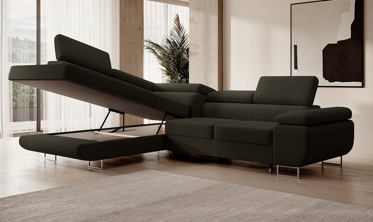 Narożnik z funkcją spania Stevil L-kształtny z pojemnikiem oliwkowy welur łatwoczyszczący lewostronny  - zdjęcie 4