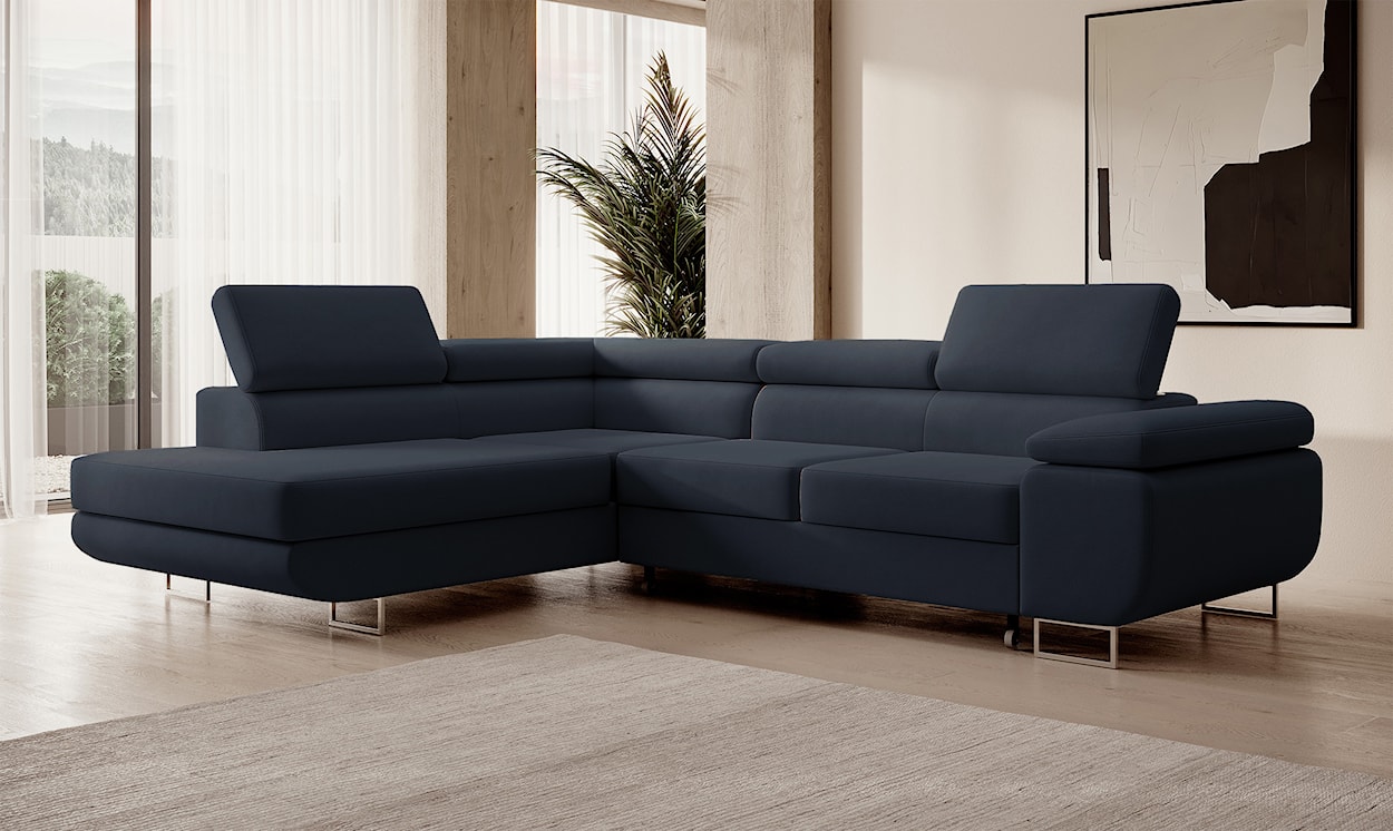 Narożnik z funkcją spania Stevil L-kształtny z pojemnikiem granatowy welur łatwoczyszczący lewostronny  - zdjęcie 2