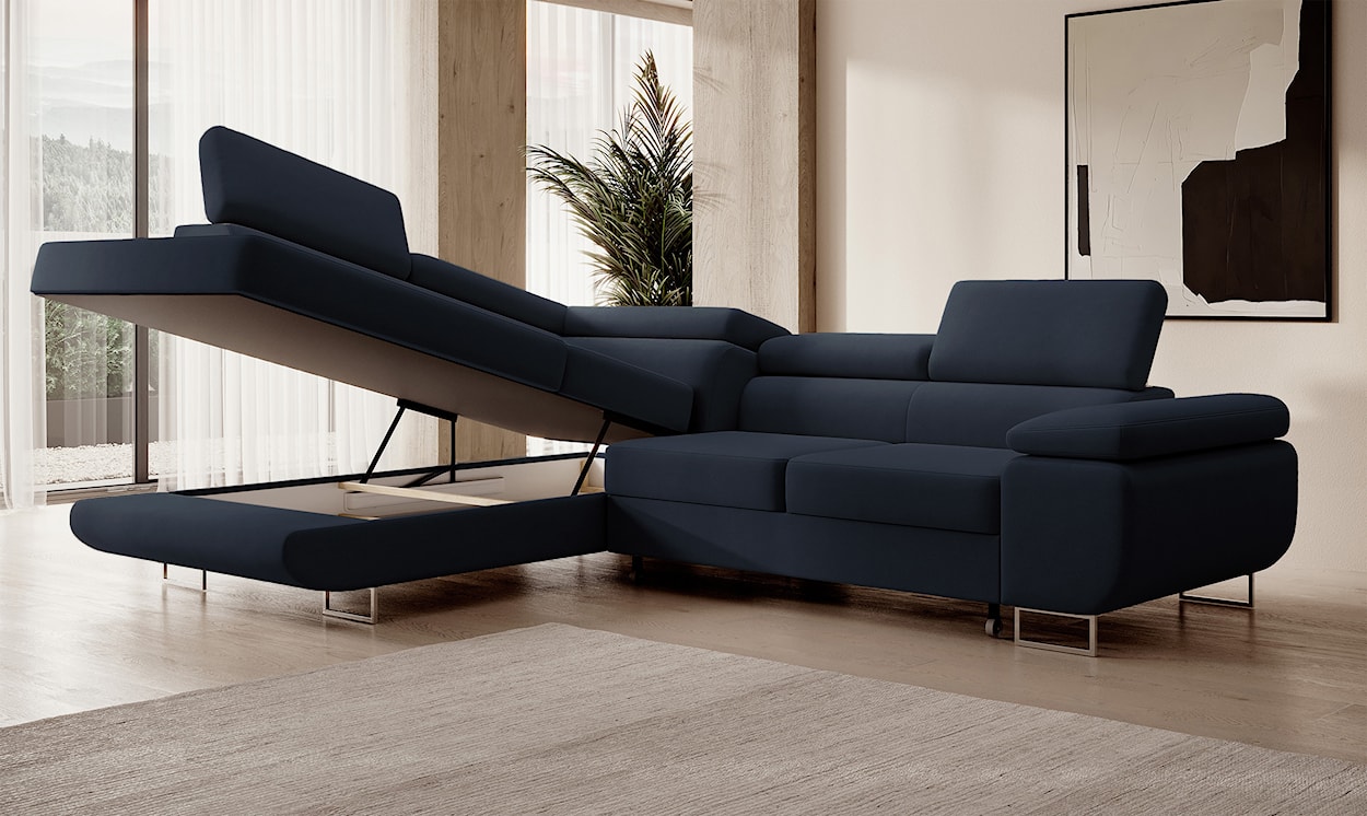 Narożnik z funkcją spania Stevil L-kształtny z pojemnikiem granatowy welur łatwoczyszczący lewostronny  - zdjęcie 4