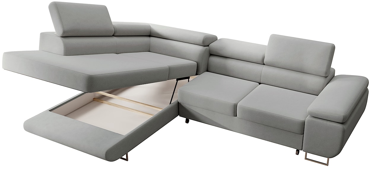 Narożnik z funkcją spania Stevil L-kształtny z pojemnikiem szary welur łatwoczyszczący lewostronny  - zdjęcie 9