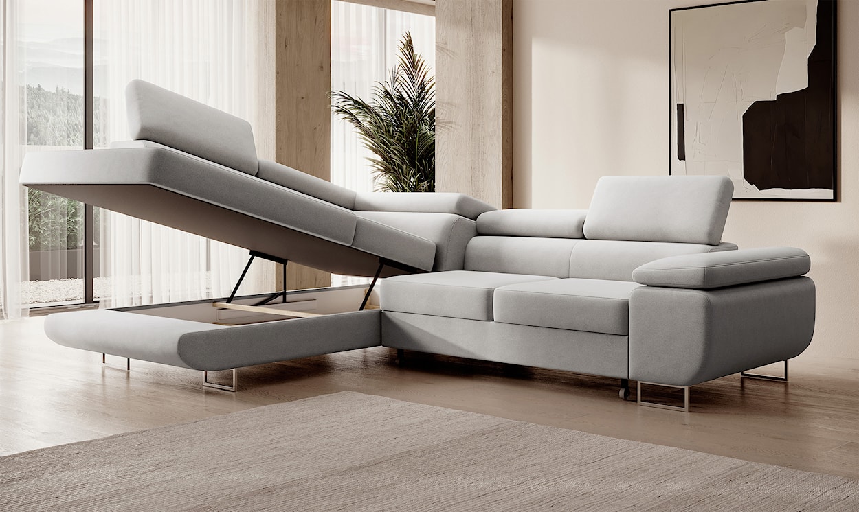 Narożnik z funkcją spania Stevil L-kształtny z pojemnikiem szary welur łatwoczyszczący lewostronny  - zdjęcie 4