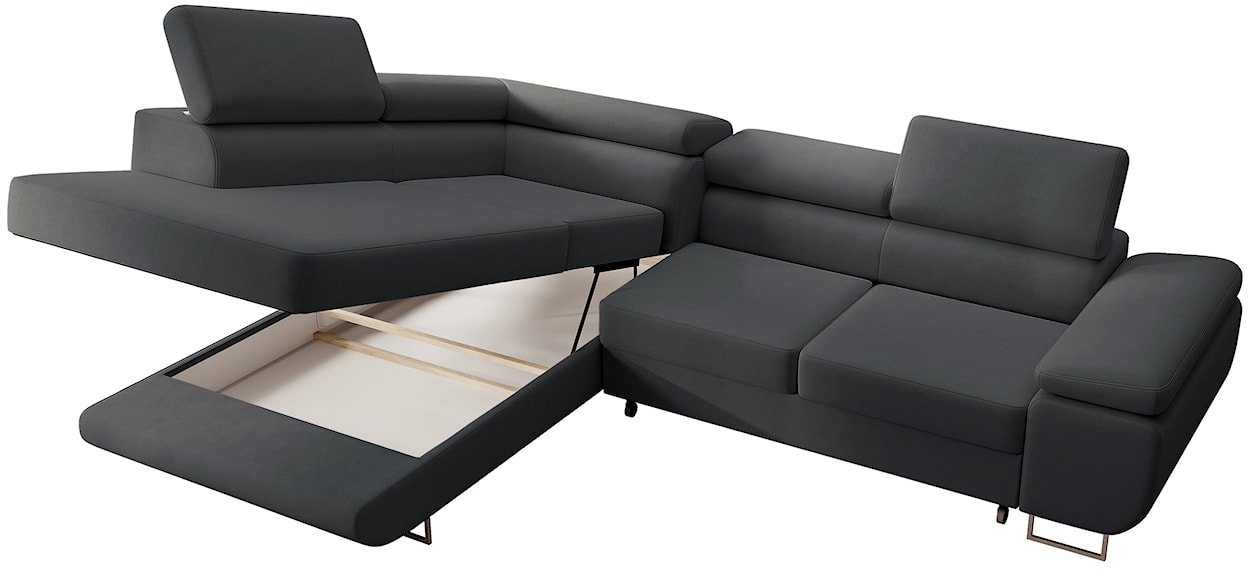 Narożnik z funkcją spania Stevil L-kształtny z pojemnikiem ciemnoszary welur łatwoczyszczący lewostronny  - zdjęcie 9