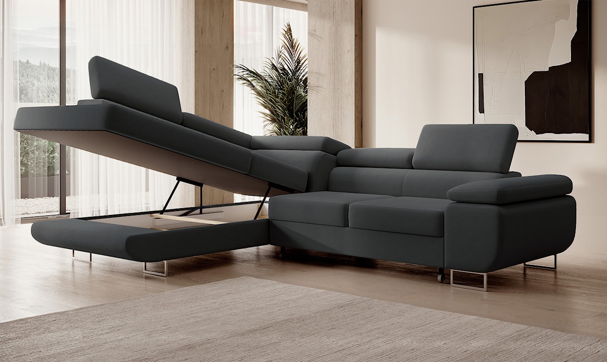 Narożnik z funkcją spania Stevil L-kształtny z pojemnikiem ciemnoszary welur łatwoczyszczący lewostronny  - zdjęcie 4