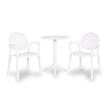 Zestaw balkonowy okrągły stół Spritz 60 cm i 2 krzesła z podłokietnikami Palma Nardi z certyfikowanego tworzywa biały