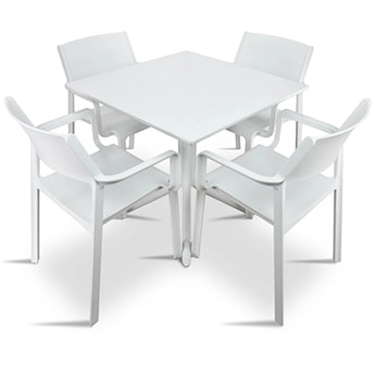 Zestaw ogrodowy stół kwadratowy Clip 80 cm i 4 krzesła z podłokietnikami Trill Nardi z certyfikowanego tworzywa biały