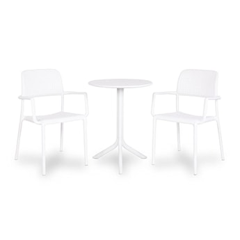 Zestaw balkonowy okrągły stół Spritz 60 cm i 2 krzesła z podłokietnikami Bora Nardi z certyfikowanego tworzywa biały