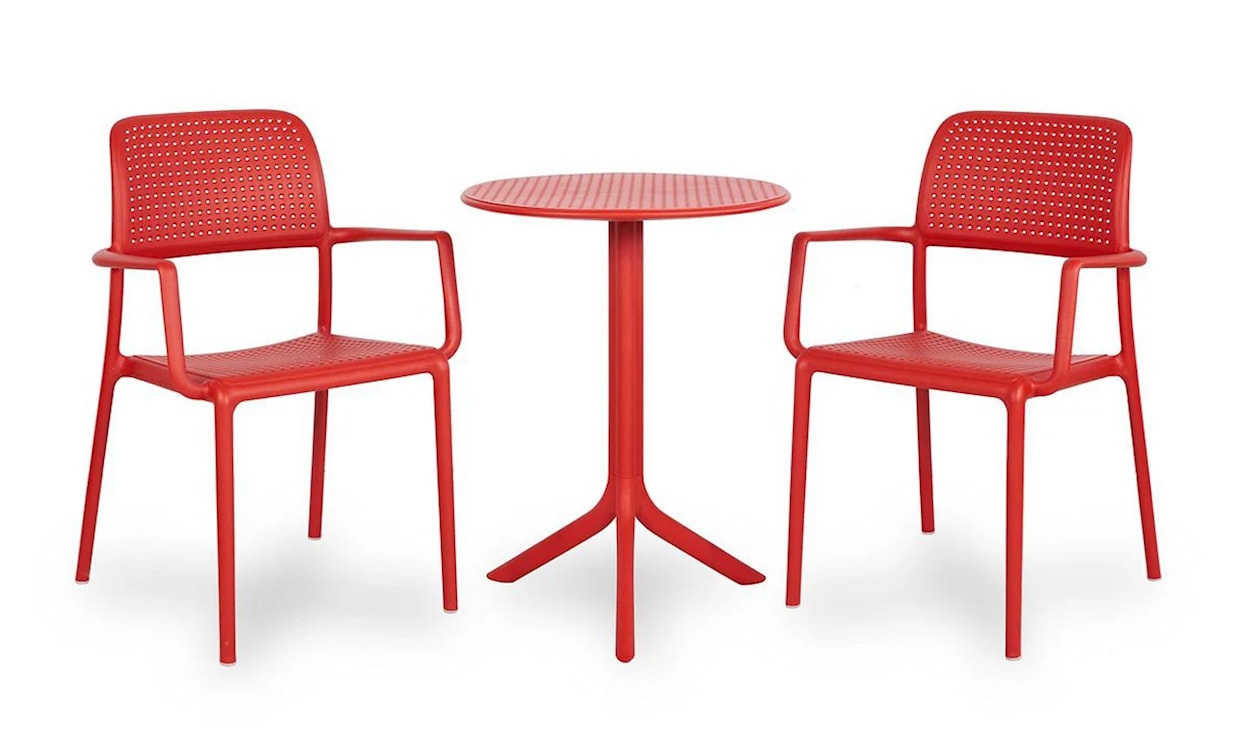 Zestaw balkonowy okrągły stół Step 60 cm i 2 krzesła z podłokietnikami Bora Nardi z certyfikowanego tworzywa czerwony