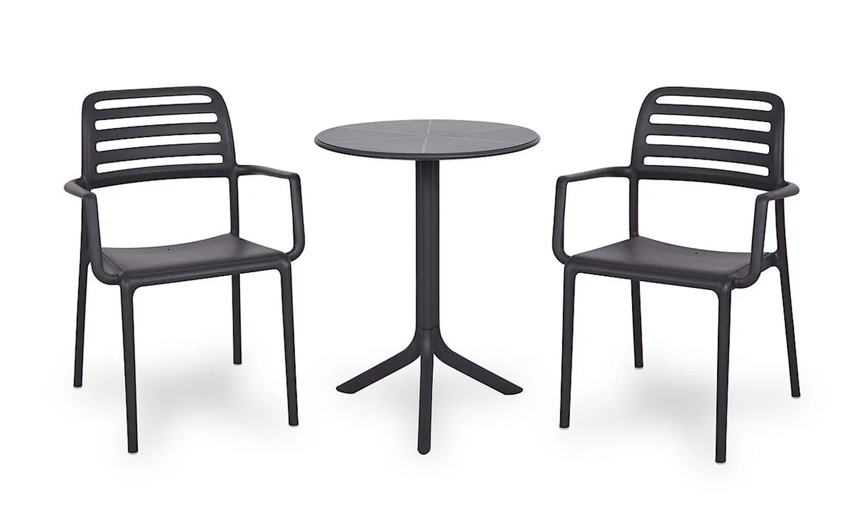 Zestaw balkonowy okrągły stół Spritz 60 cm i 2 krzesła z podłokientikami Costa Nardi z certyfikowanego tworzywa antracytowy