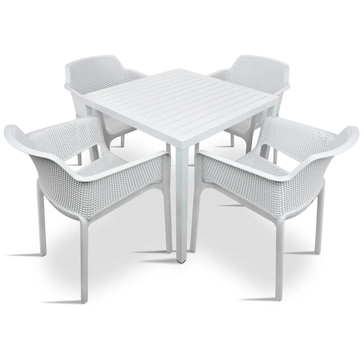 Zestaw ogrodowy stół kwadratowy Cube 70 cm i 4 krzesła z podłokietnikami Net Nardi z certyfikowanego tworzywa biały
