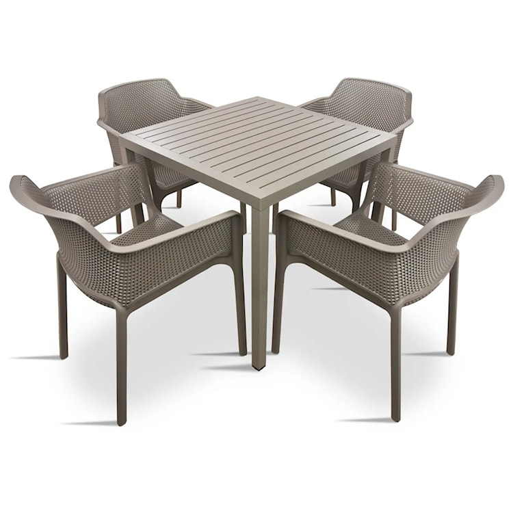 Zestaw ogrodowy stół kwadratowy Cube 70 cm i 4 krzesła z podłokietnikami Net Nardi z certyfikowanego tworzywa brązowy