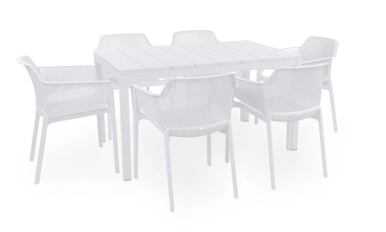 Zestaw ogrodowy rozkładany stół Rio 140-210x85 cm i 6 krzeseł Net Nardi z certyfikowanego tworzywa biały