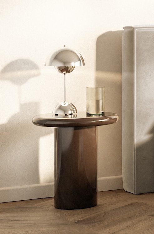 Stolik kawowy Solvade średnica 45 cm brązowy wysoki połysk  - zdjęcie 3