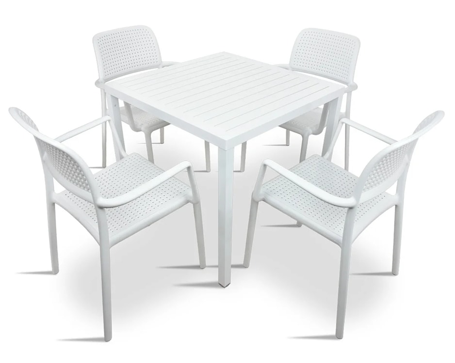 Zestaw ogrodowy stół kwadratowy Cube 70 cm i 4 krzesła z podłokietnikami Bora Nardi z certyfikowanego tworzywa biały 