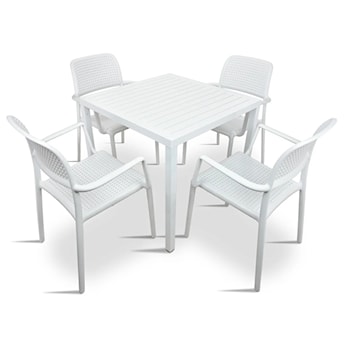 Zestaw ogrodowy stół kwadratowy Cube 70 cm i 4 krzesła z podłokietnikami Bora Nardi z certyfikowanego tworzywa biały