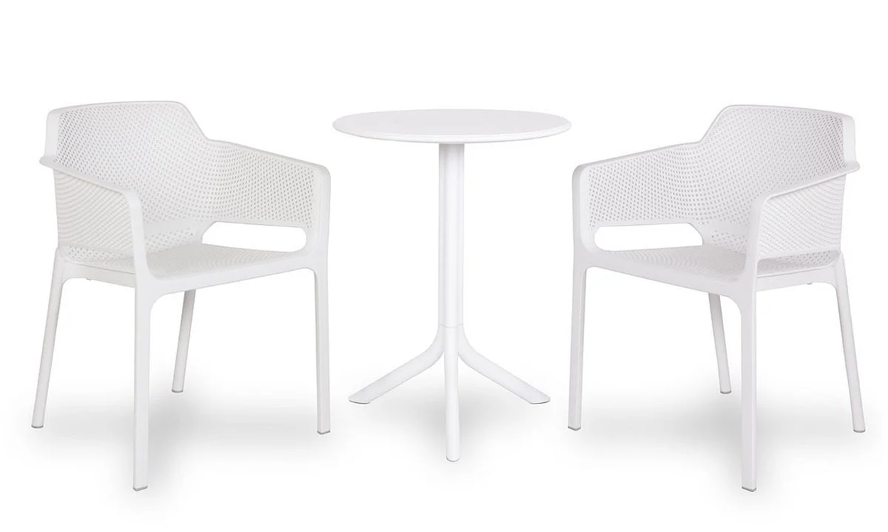 Zestaw balkonowy okrągły stół Spritz 60 cm i 2 krzesła Net Nardi z certyfikowanego tworzywa biały 
