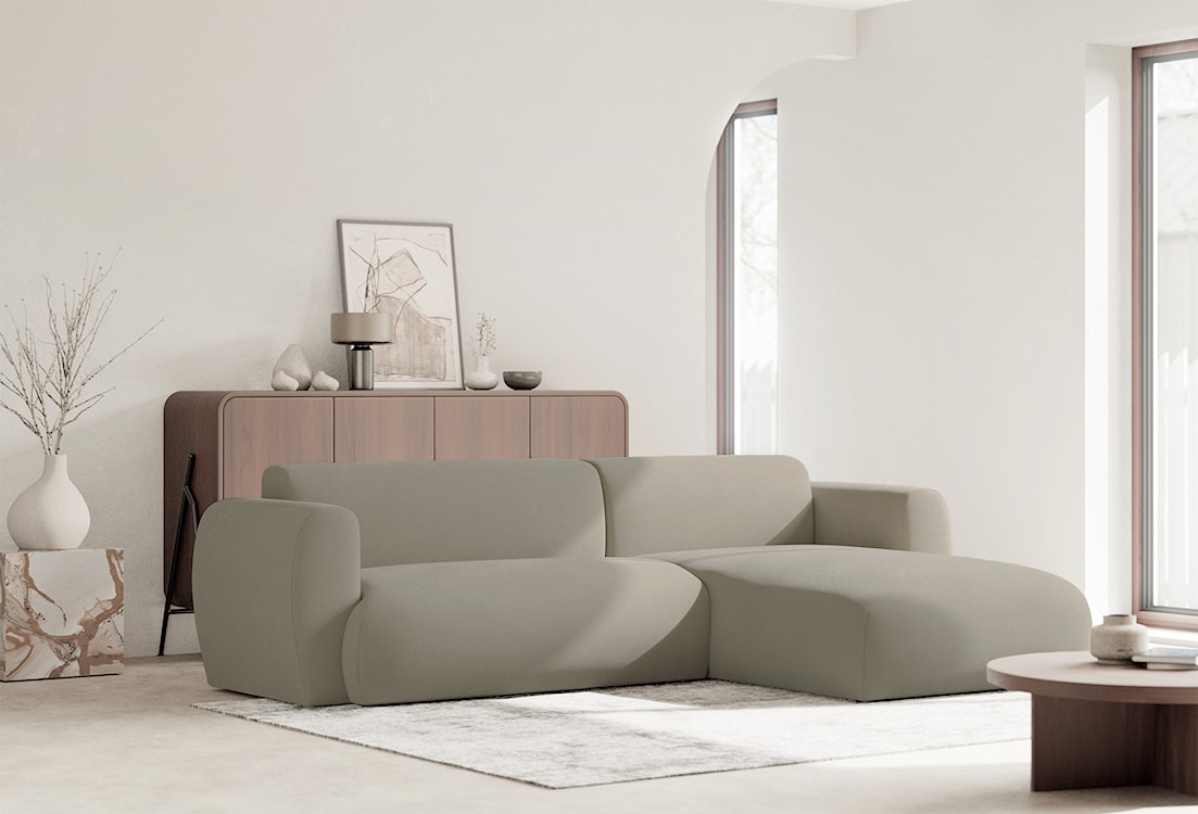 Narożnik z funkcją spania Emia L-kształtny prawostronny szarobeżowy szenil łatwoczyszczący  - zdjęcie 4