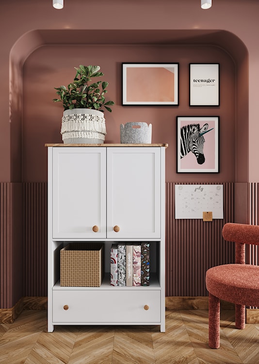 Komoda dwudrzwiowa Story z szufladą i wnęką 85 cm biała/dąb nash  - zdjęcie 3