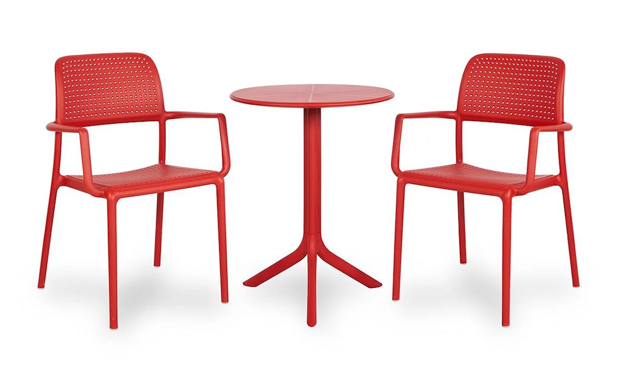 Zestaw balkonowy okrągły stół Spritz 60 cm i 2 krzesła z podłokietnikami Bora Nardi z certyfikowanego tworzywa czerwony
